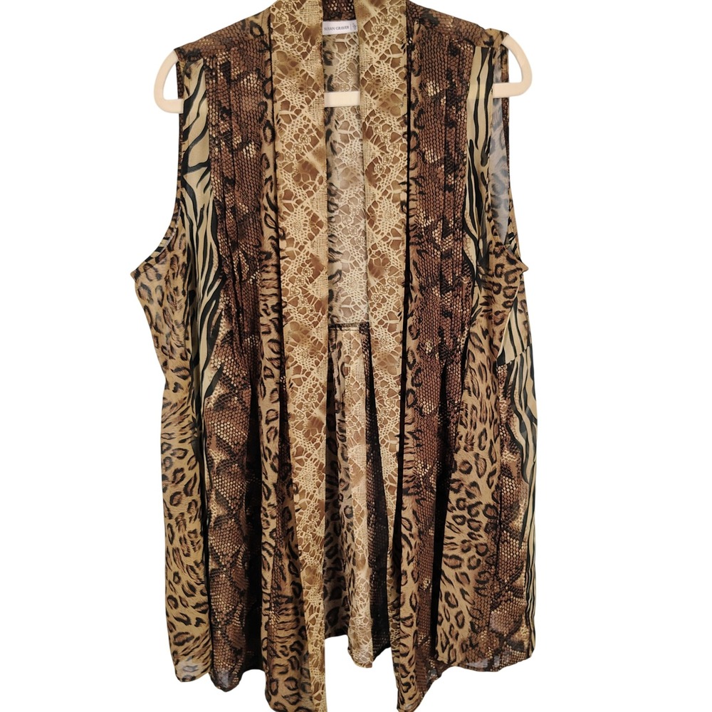 Susan Graver Womens 1X Animal Print Vest Multicolor Polyester Mob Wife Boho